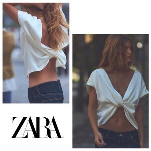 ZARA Satin Effect Knotted OPEN BACK TOP Reversible NWT in White Size XL